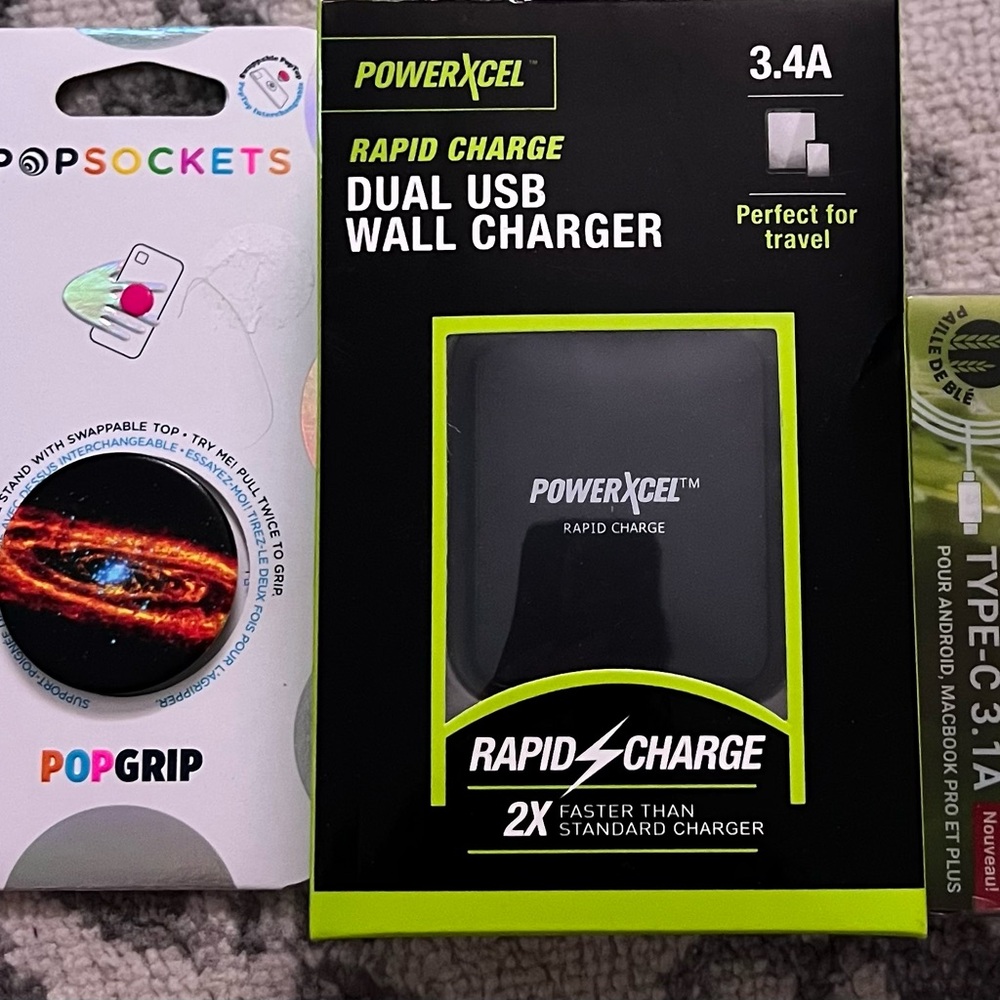 PopSocket PopGrip Phone Grip with - Powerxcel dual wall charger,  type c charger